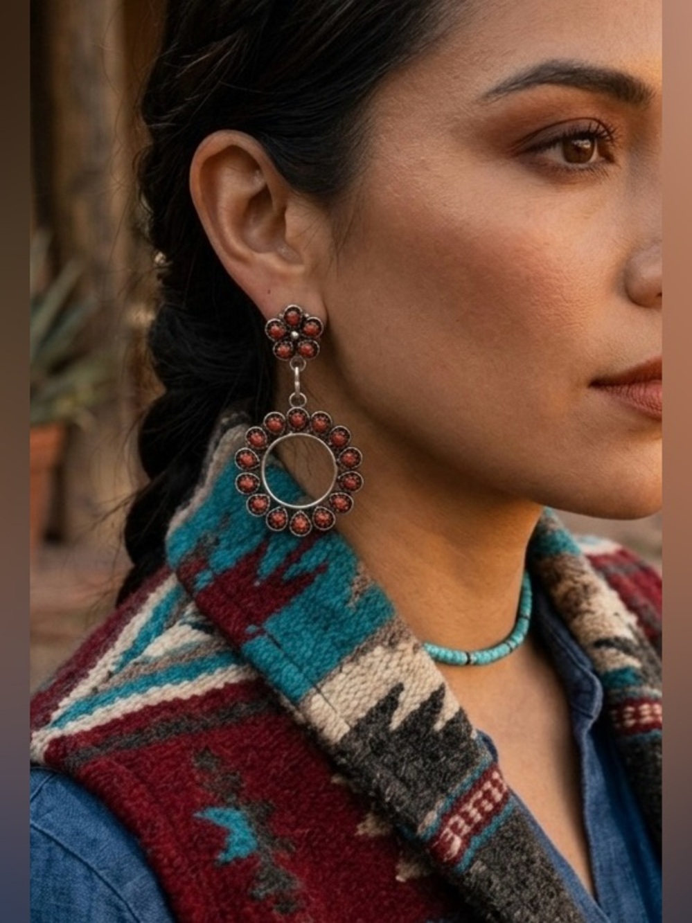 Zuni Native American Sterling Silver Coral Snake Eye Petit Point Dangle Earrings